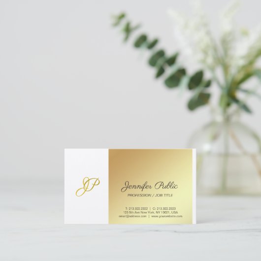 ホワイトと金ゴールドクリエイティブモノグラムプレーンラグジュアリー 名刺 (スタンド正面)
