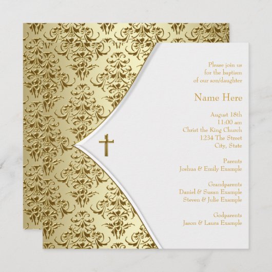 ホワイトと金ゴールドクロス《キリスト教》洗礼式や命名式 招待状 (正面/裏面)