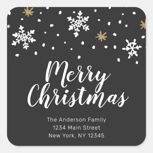 ホワイトと金ゴールドスノーフレークスクリスマス差出人住所 スクエアシール (正面)