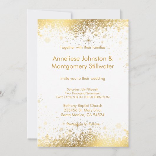 ホワイトと金ゴールドスノーフレーク結婚式招待状 招待状 (正面)