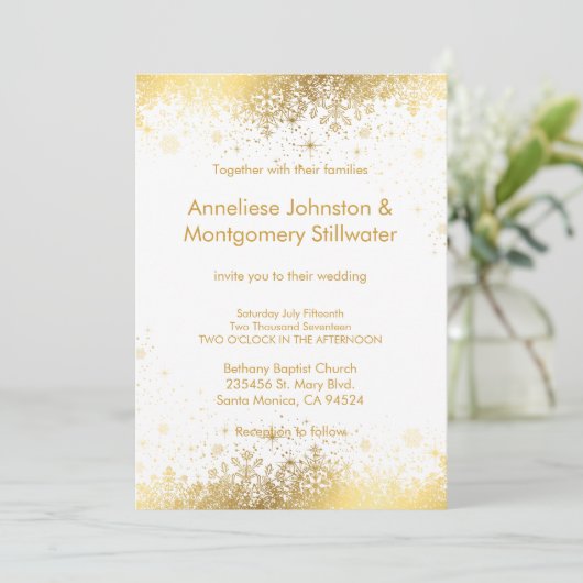 ホワイトと金ゴールドスノーフレーク結婚式招待状 招待状 (スタンド正面)