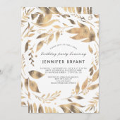 ホワイトと金ゴールドス離れローレル秋誕生日パーティー 招待状 (正面/裏面)