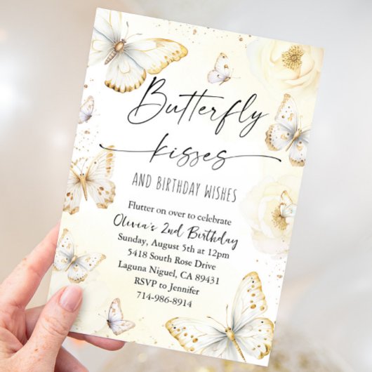 ホワイトと金ゴールドバタフライキス誕生日 招待状