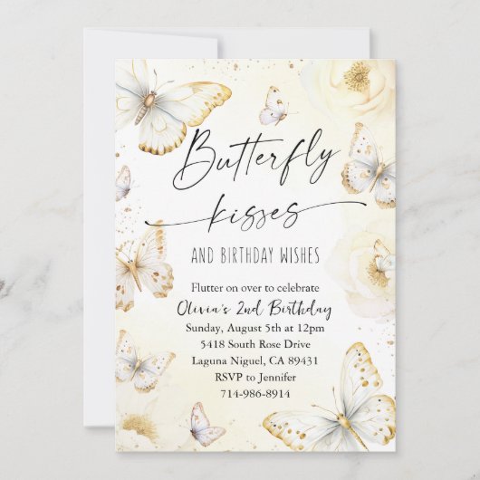 ホワイトと金ゴールドバタフライキス誕生日 招待状 (正面)
