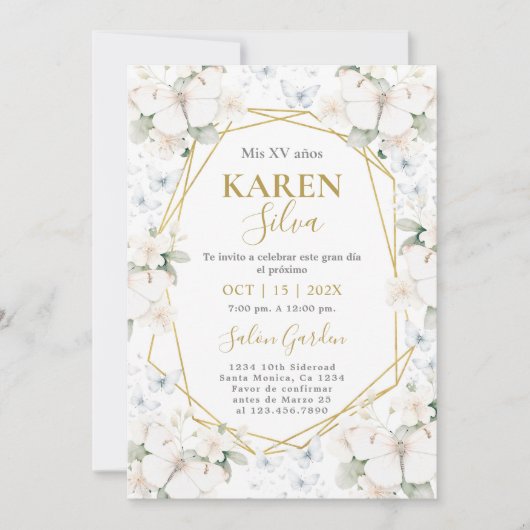 ホワイトと金ゴールドバタフライキンセアニェラ 招待状 (正面)