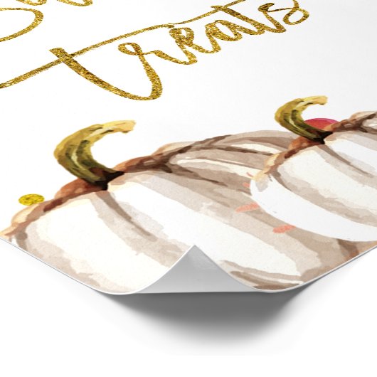 ホワイトと金ゴールドパンプキンスイートトリートサイン ポスター (角)