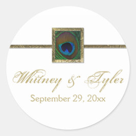 ホワイトと金ゴールドピーコックフェザー結婚ズステッカー ラウンドシール