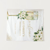 ホワイトと金ゴールドフローラシャンパングラスウェルカム タペストリー (正面(横))