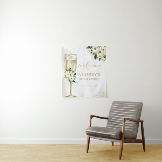 ホワイトと金ゴールドフローラシャンパングラスウェルカム タペストリー (インサイチュ)