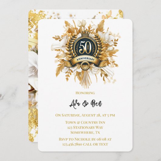 ホワイトと金ゴールドフローラローレル50周年記念 招待状 (正面/裏面)