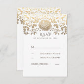 ホワイトと金ゴールドフローラヴィンテージウェディングRSVP 出欠カード (正面/裏面)