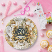 ホワイトと金ゴールドフローラ50周年記念 ペーパープレート (パーティー)