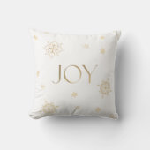 ホワイトと金ゴールドモダンスノーフレークホリデージョイ クッション (正面)