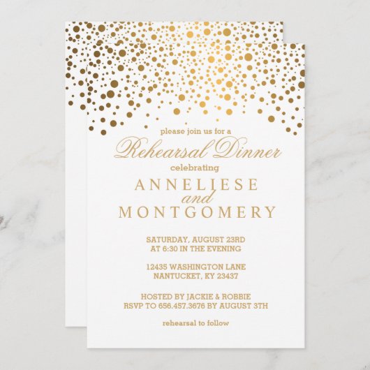 ホワイトと金ゴールド紙吹雪リハーサルディナー 招待状 (正面/裏面)