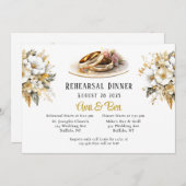 ホワイトと金ゴールド結婚のリングや輪リハーサルディナー 招待状 (正面/裏面)