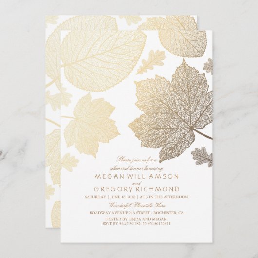 ホワイトと金ゴールド葉秋リハーサルディナー 招待状 (正面/裏面)