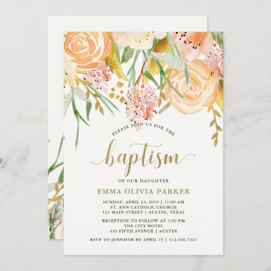 ホワイトにゴールドの水彩花模様 | 洗礼 招待状 (正面/裏面)