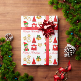 ホワイトのクリスマスノーム、可愛いエルフと星 ラッピングペーパー