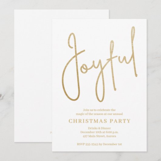 ホワイトのクリスマスパーティーに輝くゴールドの箔押しJOYFUL 招待状 (正面/裏面)