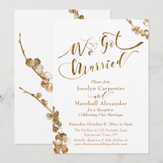 ホワイトのボタニカルとゴールドで「結婚しました」 招待状 (正面/裏面)