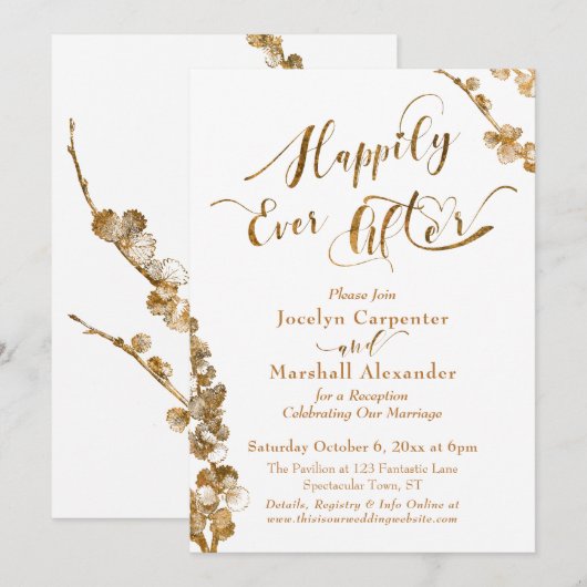 ホワイトのボタニカル ゴールド ハッピーエバーアフター 招待状 (正面/裏面)