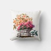 ホワイトの丸い樽に入ったピンクと桃色の花のプリント クッション (正面)