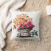 ホワイトの丸い樽に入ったピンクの桃の花のプリント クッション (ブランケット)