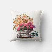 ホワイトの丸い樽に入ったピンクの桃の花のプリント クッション (裏面)