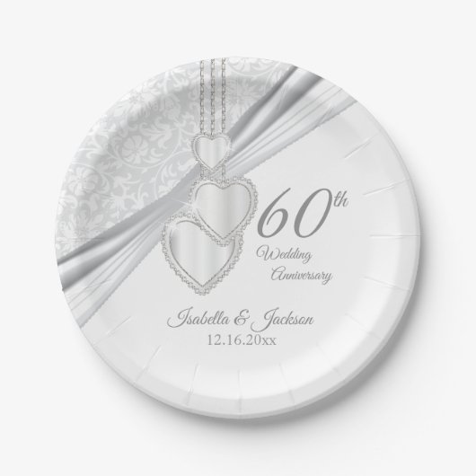 ホワイトの60回目ダイヤモンド結婚記念日 ペーパープレート (正面)