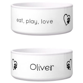 ホワイトの「eat, play, love」犬名前入りボウル ボウル