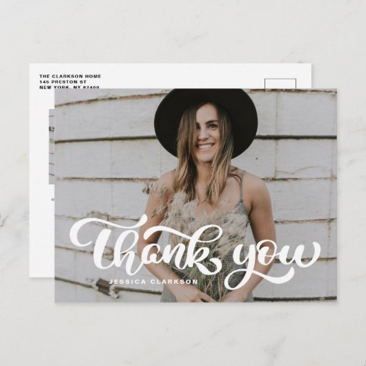 ホワイトはっきりしたレトロスクリプト写真卒業ありがとう ポストカード (正面/裏面)