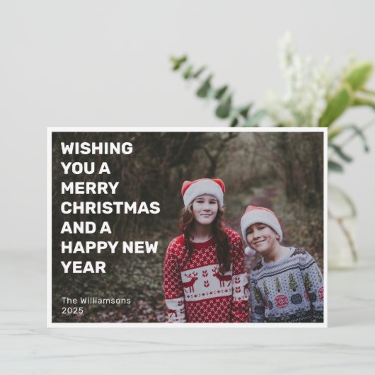 ホワイトはっきりした文字オーバーレイ2枚フォトメリークリスマス シーズンカード (スタンド正面)