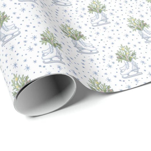 ホワイトアイススケート青い雪の結晶ホワイトクリスマス ラッピングペーパー (ロールコーナー)