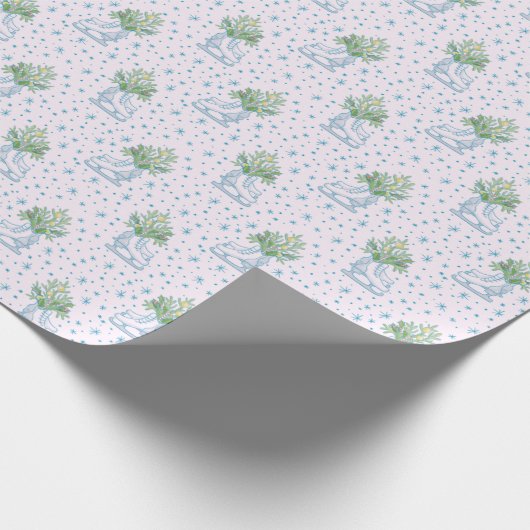 ホワイトアイススケート青い雪片ピンクのクリスマス ラッピングペーパー (角)