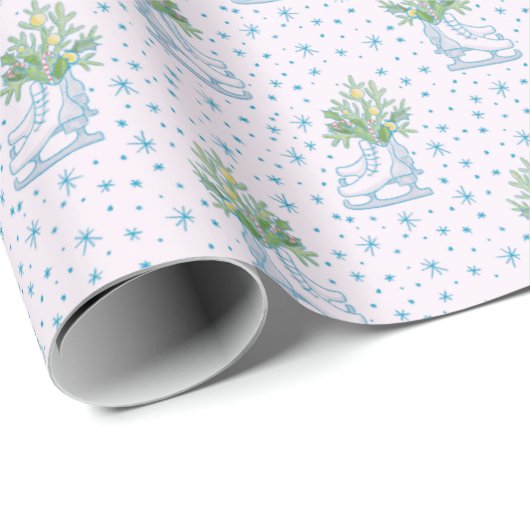ホワイトアイススケート青い雪片ピンクのクリスマス ラッピングペーパー (ロールコーナー)