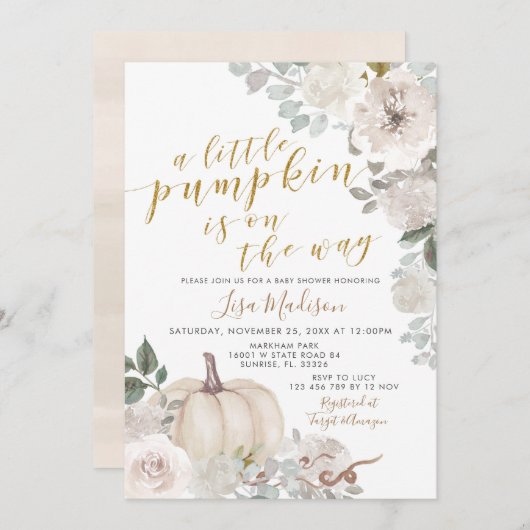 ホワイトアイボリーウォーターカラーカボチャが途中 招待状 (正面/裏面)