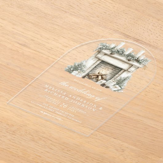 ホワイトアイボリークリスマス暖炉結婚アーチ アクリル招待状 (レイダウン)