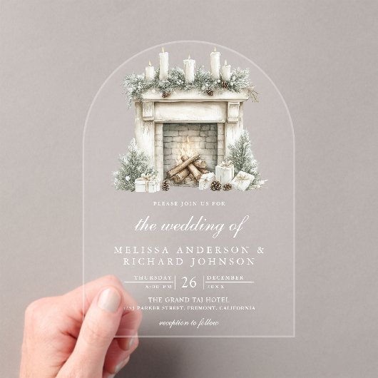 ホワイトアイボリークリスマス暖炉結婚アーチ アクリル招待状 (インサイチュ (ポータブル))