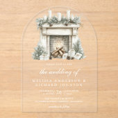 ホワイトアイボリークリスマス暖炉結婚アーチ アクリル招待状 (正面)