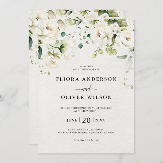 ホワイトアイボリークリームバラフローラボタニッ結婚クス 招待状 (正面/裏面)