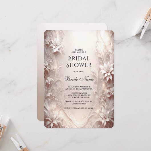 ホワイトアイボリーフローラブライダルシャワー招待 招待状 (正面/裏面インサイチュ)