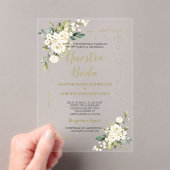 ホワイトアイボリーフローラ金ゴールドヌエストラボダカリグラフィー アクリル招待状 (インサイチュ (ポータブル))