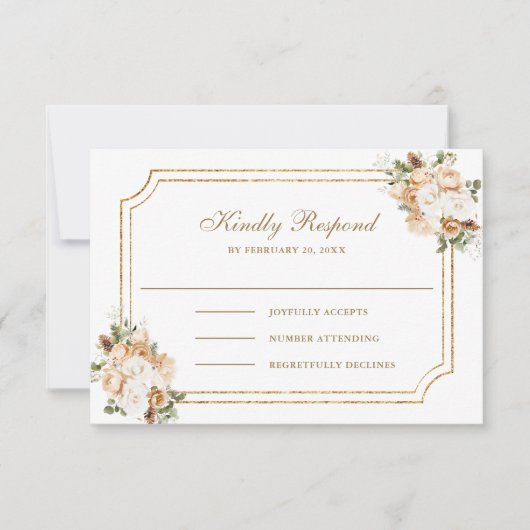 ホワイトアイボリー金ゴールドクリスマス結婚フローラ 出欠カード (正面)
