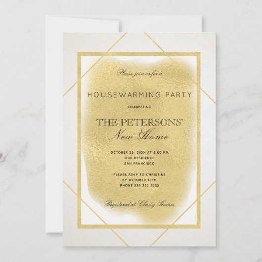 ホワイトアイボリー金ゴールド枠フォーマル引っ越し祝いパーティーパーティー 招待状 (正面)