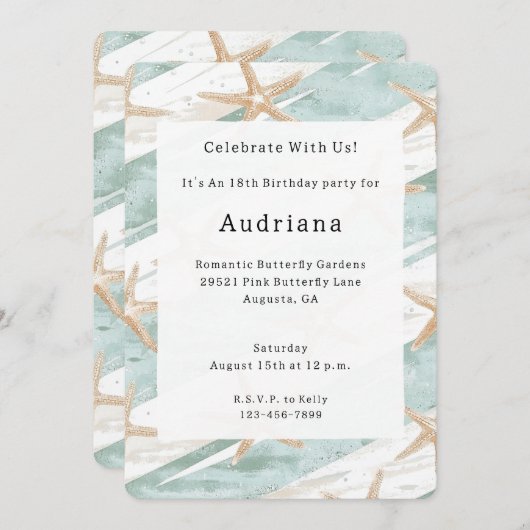 ホワイトアクアスタフィッシュビーチ誕生日 招待状 (正面/裏面)