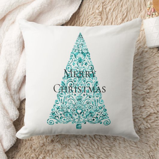 ホワイトアクアブルークリスマスツリー クッション (ブランケット)