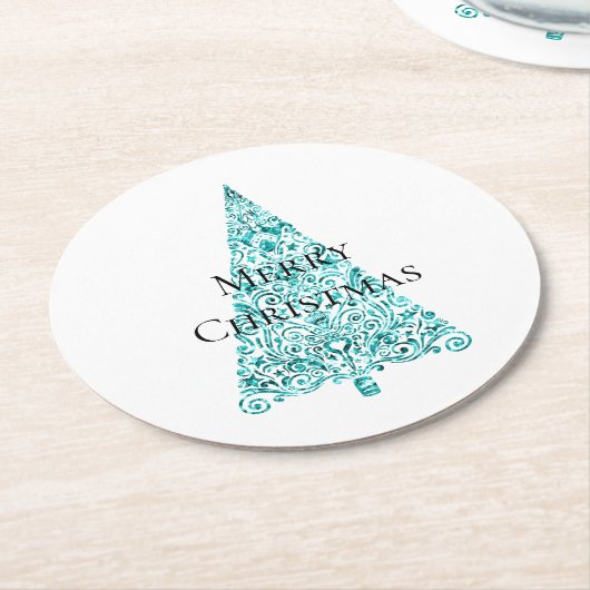 ホワイトアクアブルークリスマスツリー ラウンドペーパーコースター (アングル)