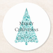 ホワイトアクアブルークリスマスツリー ラウンドペーパーコースター (正面)