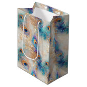 ホワイトアクア金ゴールド孔雀の羽根 ミディアムペーパーバッグ (正面アングル)