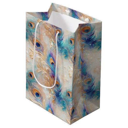 ホワイトアクア金ゴールド孔雀の羽根 ミディアムペーパーバッグ (正面アングル)